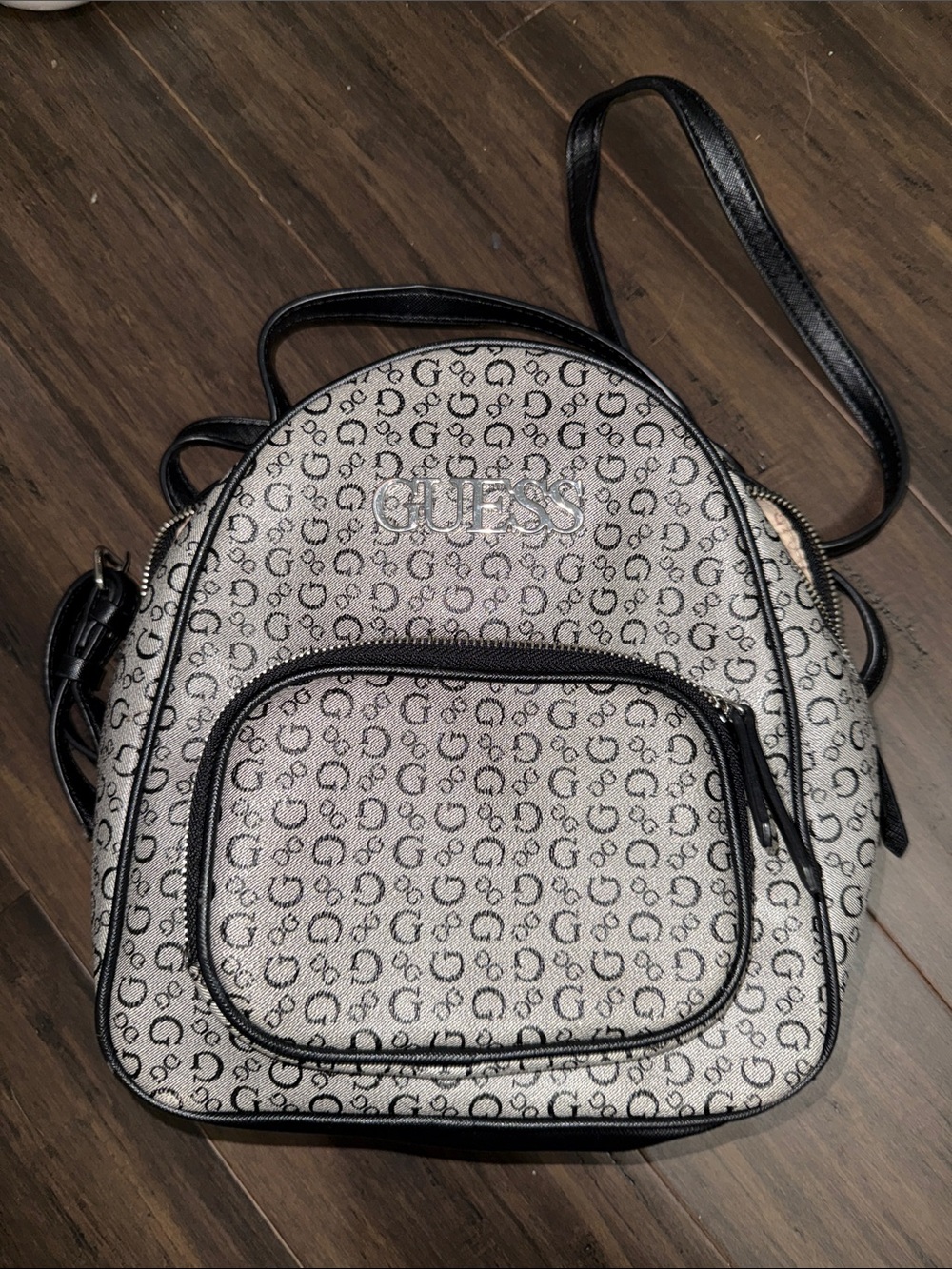 GUESS Silver and Black Monogram Mini Backpack